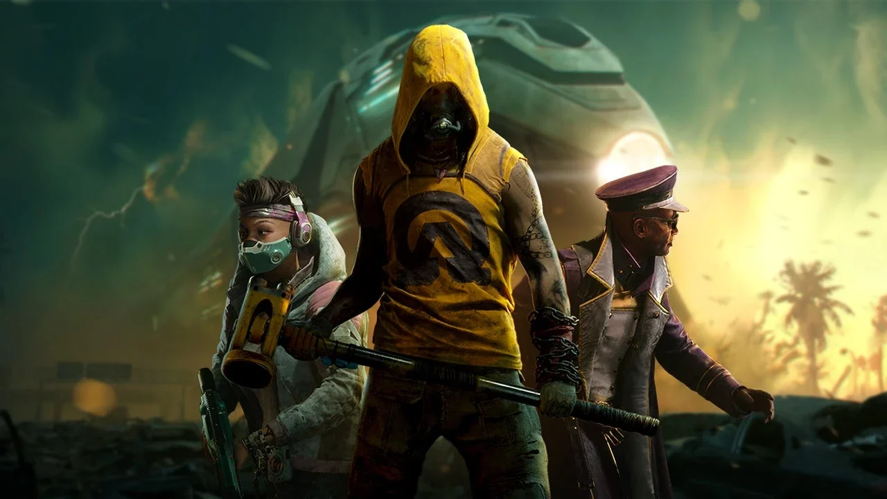 Enginefall key art: three raiders in front of a Titan Train