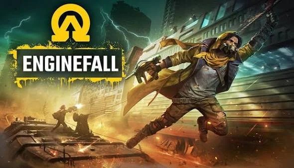 Enginefall logo over a raider leaping between trains