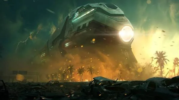 A Titan Train crashing through a burning wasteland